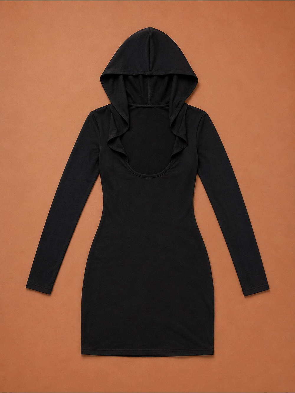 Black Hooded Long-Sleeve Bodycon Dress